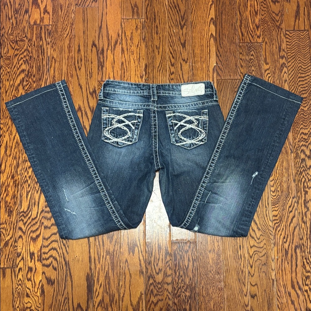 Silver Lola Distressed Dark Blue Distressed‎ Straight Jeans Size: 26X33